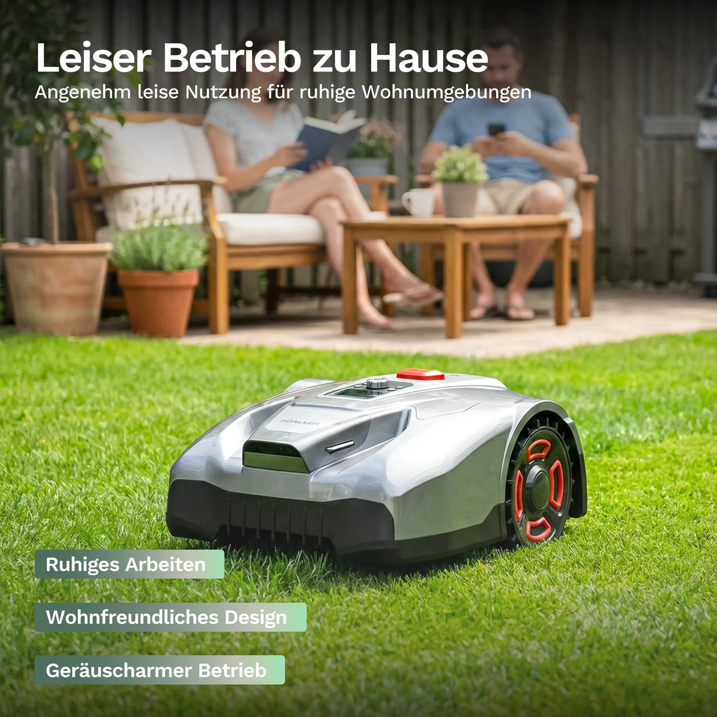 Goalker H5 Mähroboter mit dunkel abgesetztem Unterboden und rotem Rad-Detail
