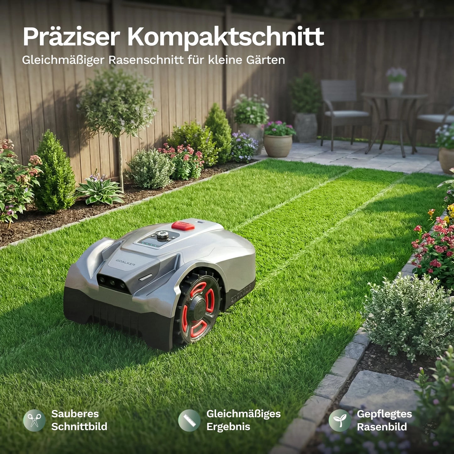 Goalker H5 Mähroboter auf Rasen, silbernes Oberteil mit rotem Akku-/Startknopf