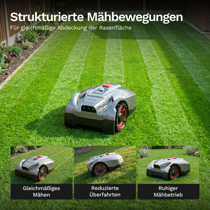 Goalker H5 Mähroboter mit großen Rädern und rotem Designring am Chassis