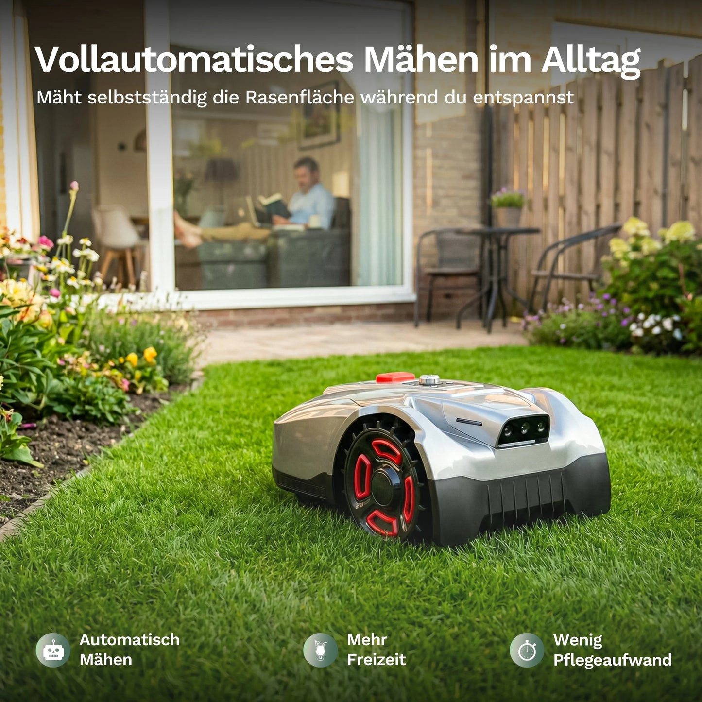 Goalker H5 Mähroboter im Alltag, roter Knopf auf dem Bedienfeld und schmale Lüftungsschlitze
