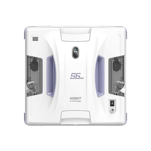Hobot S6 Pro Fensterputzroboter, Vorderansicht mit blauen Antriebsseiten und Logo 56 Pro