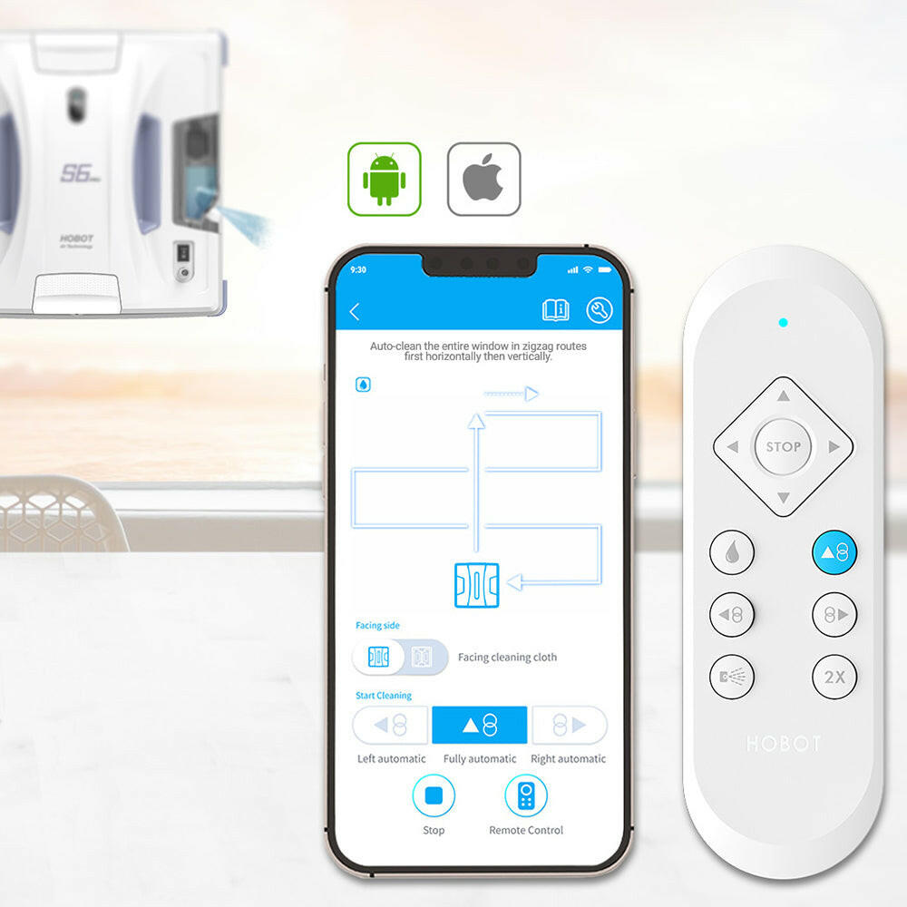 Hobot S6 Pro Fensterputzroboter-App auf Smartphone und weiße Fernbedienung mit Bedientasten