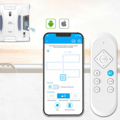 Hobot S6 Pro Fensterputzroboter-App auf Smartphone und weiße Fernbedienung mit Bedientasten