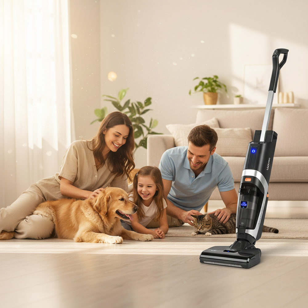 Familie mit Hund und Katze entspannt im Wohnzimmer neben einem kabellosen Nass- und Trockensauger für die tägliche Bodenreinigung.