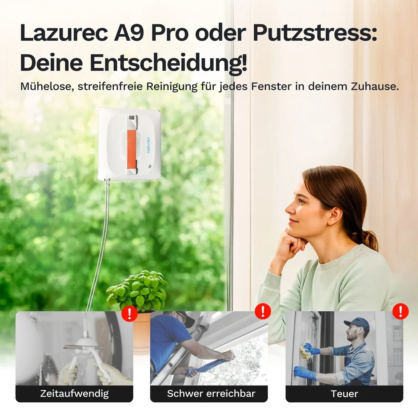Fensterputzroboter A9 Pro am Fensterrahmen, weißes Gerät mit orangefarbenem Einsatz