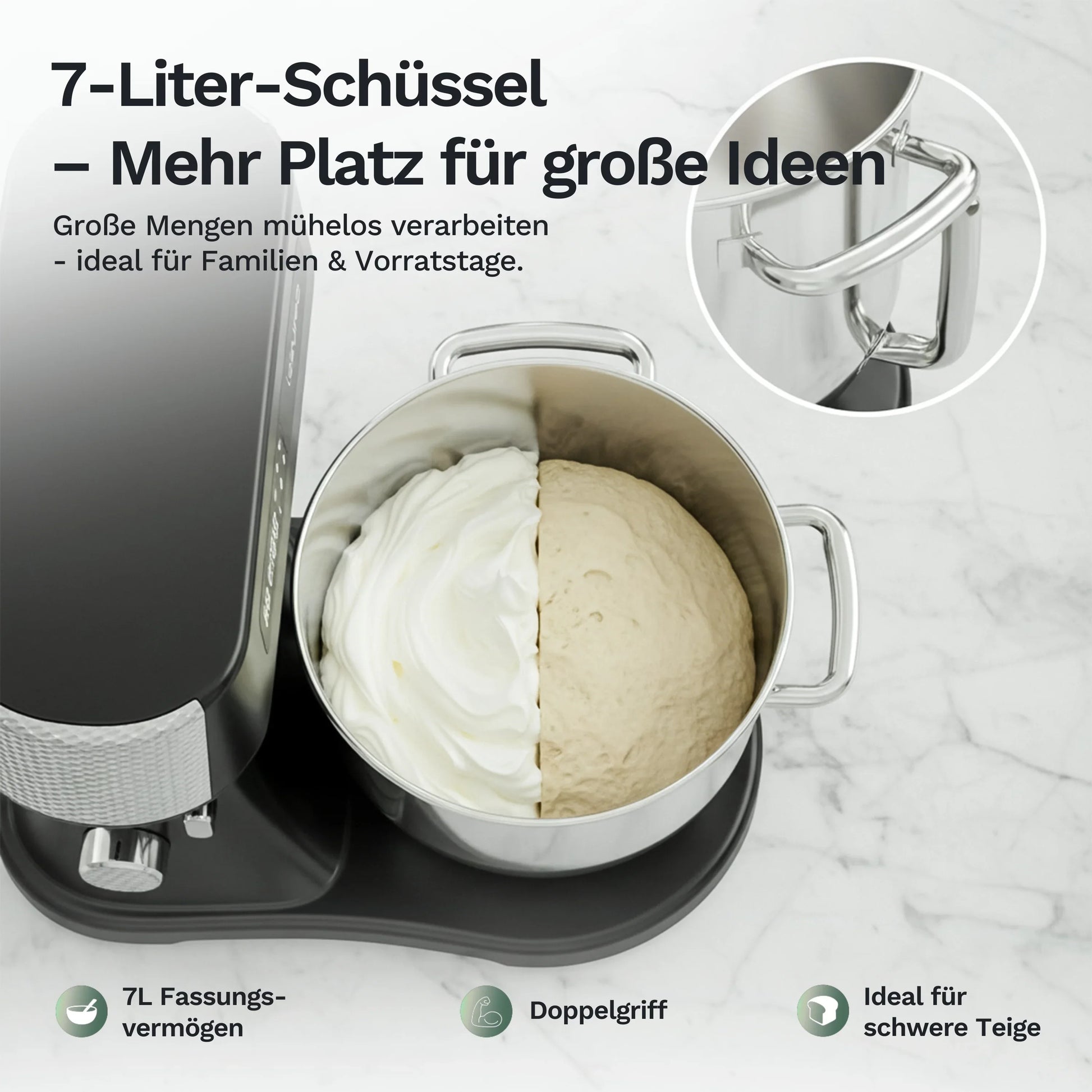 Bakara Mix One: große Edelstahlschüssel mit Teig und Doppeldrehgriff