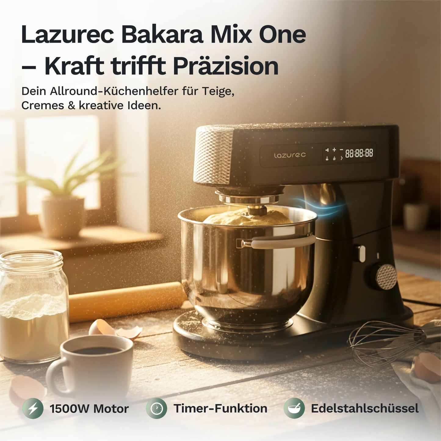 Bakara Mix One Küchenmaschine mit Rührkopf und Edelstahlschüssel, schwarzer Sockel