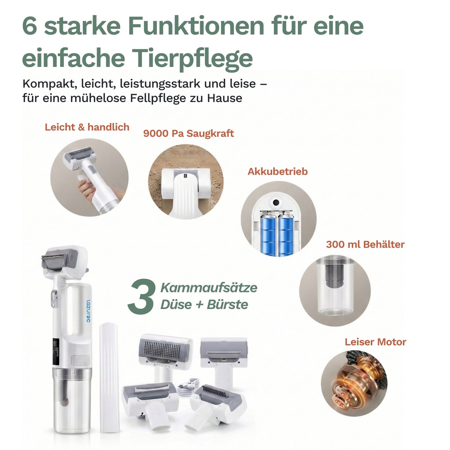 Kabelloser Handstaubsauger Lazurec CD10 PRO mit mehreren Kammaufsätzen und Düse