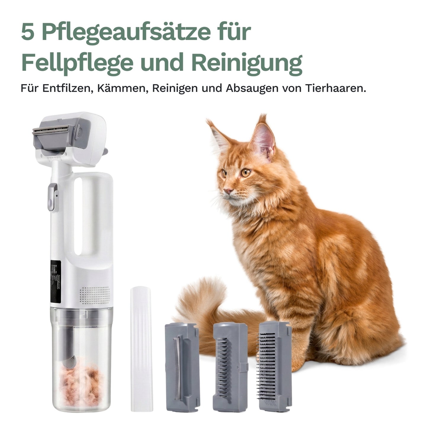 Handstaubsauger für Tierhaare im Einsatz mit Bürstenaufsätzen, weißes Gehäuse