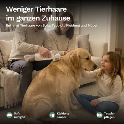 Handstaubsauger für Tierhaare im Haushalt, weiß, mit transparentem Behälter und Bürste