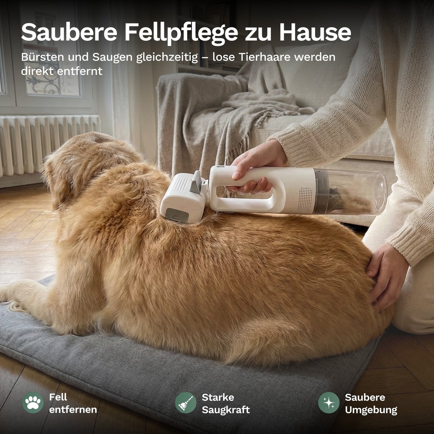 Handstaubsauger für Fellpflege auf Tierbett, weißes Gerät mit Aufsatz