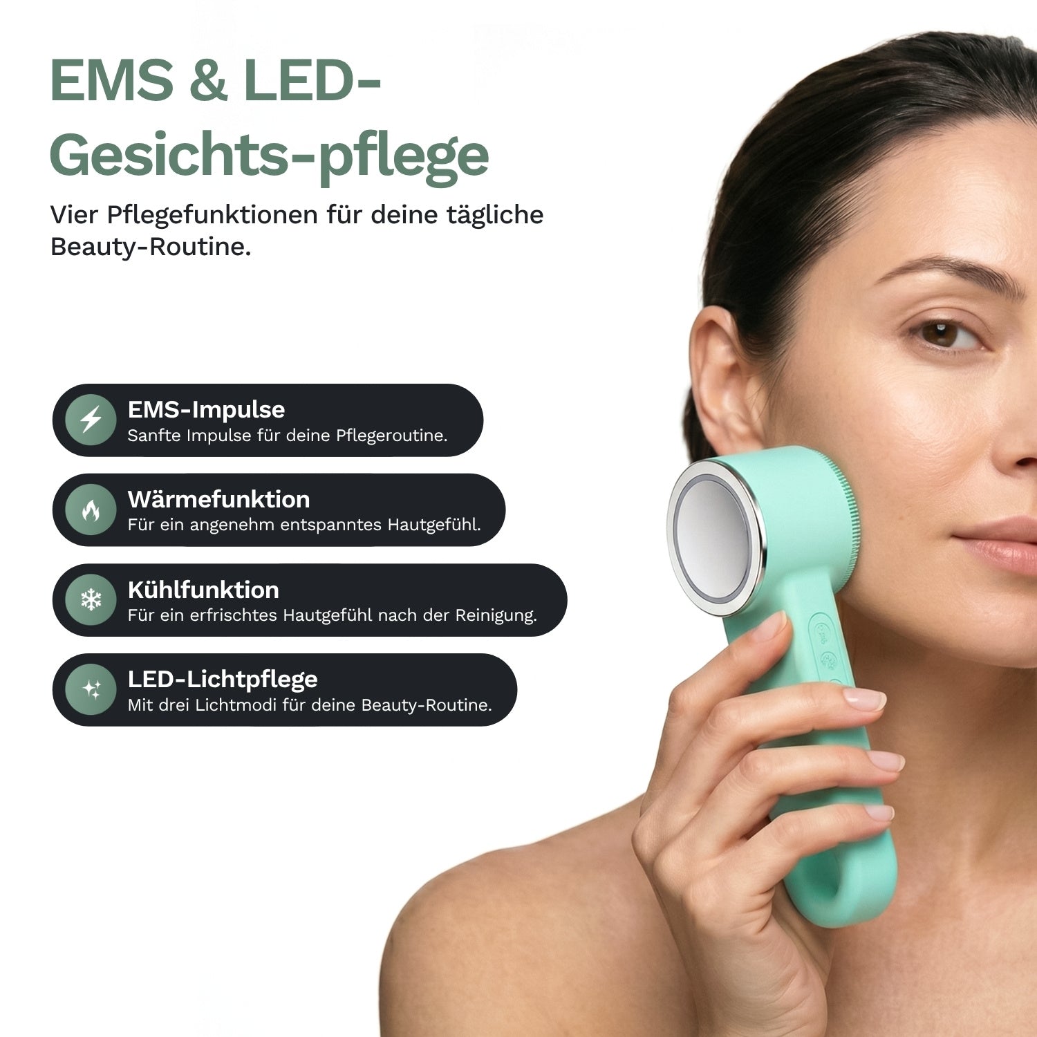 Frau wendet die mintgrüne Lazurec Care 083 Gesichtsreinigungsbürste an der Wange an – EMS, Wärme/Kühlung und LED-Licht für die Skincare-Routine