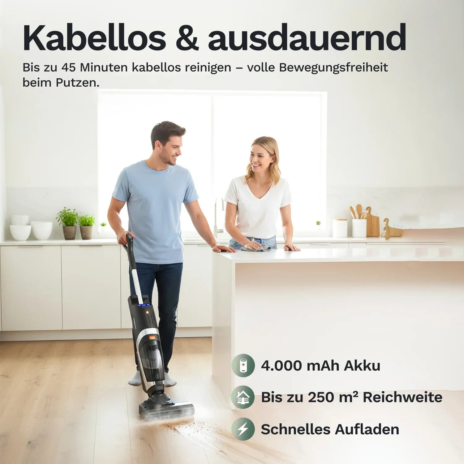 Kabelloser Nass-Trocken-Sauger mit Akkustandanzeige, ohne Kabel im Einsatz