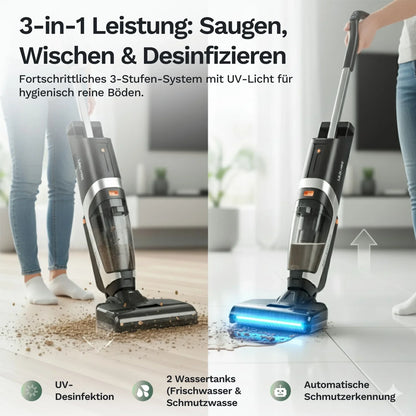 Kabelloser Nass-Trocken-Sauger mit aufgesetzter Bodendüse, im Reinigungseinsatz