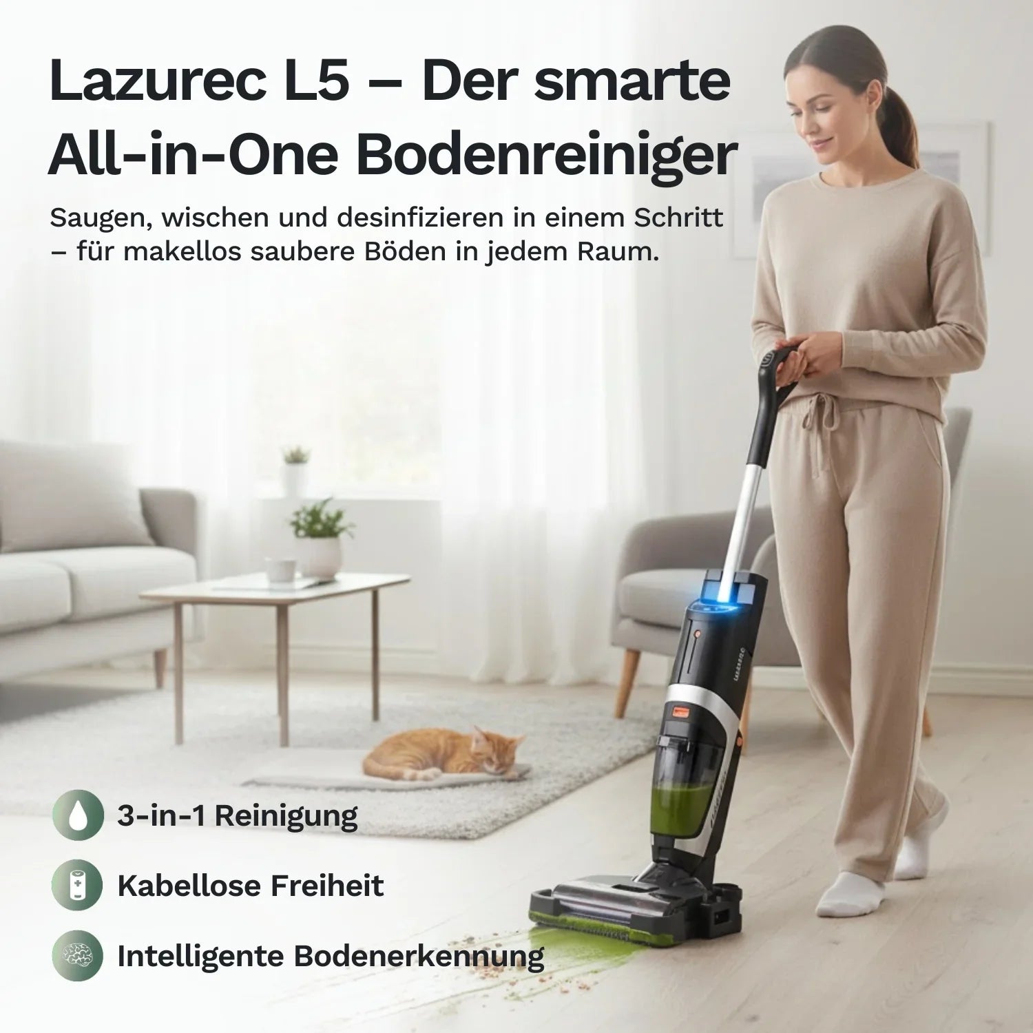 Lazurec L5 All-in-One Bodenreiniger im Einsatz auf hellem Boden
