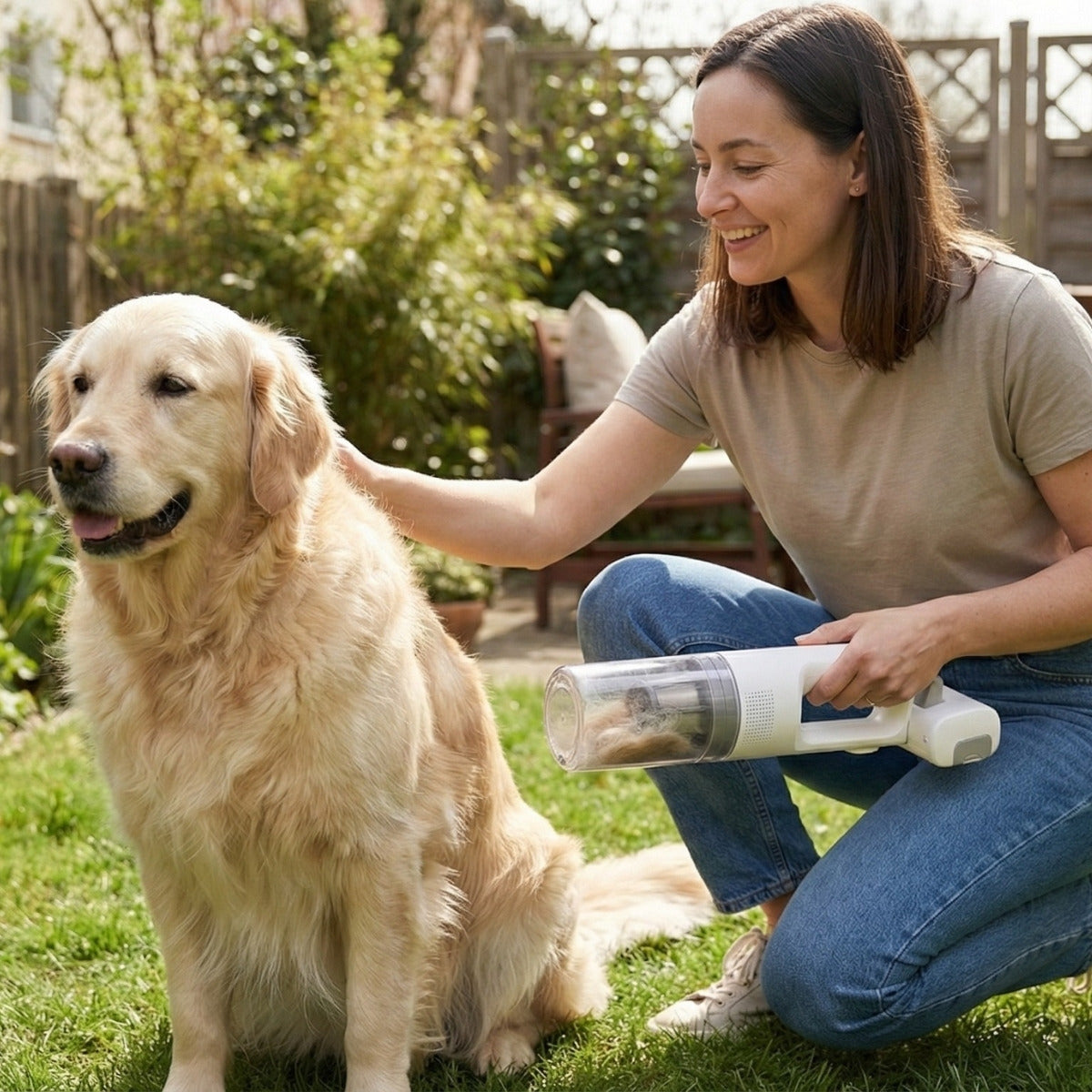 Frau kniet im Garten und entfernt Tierhaare von einem Golden Retriever mit einem kabellosen Handstaubsauger.