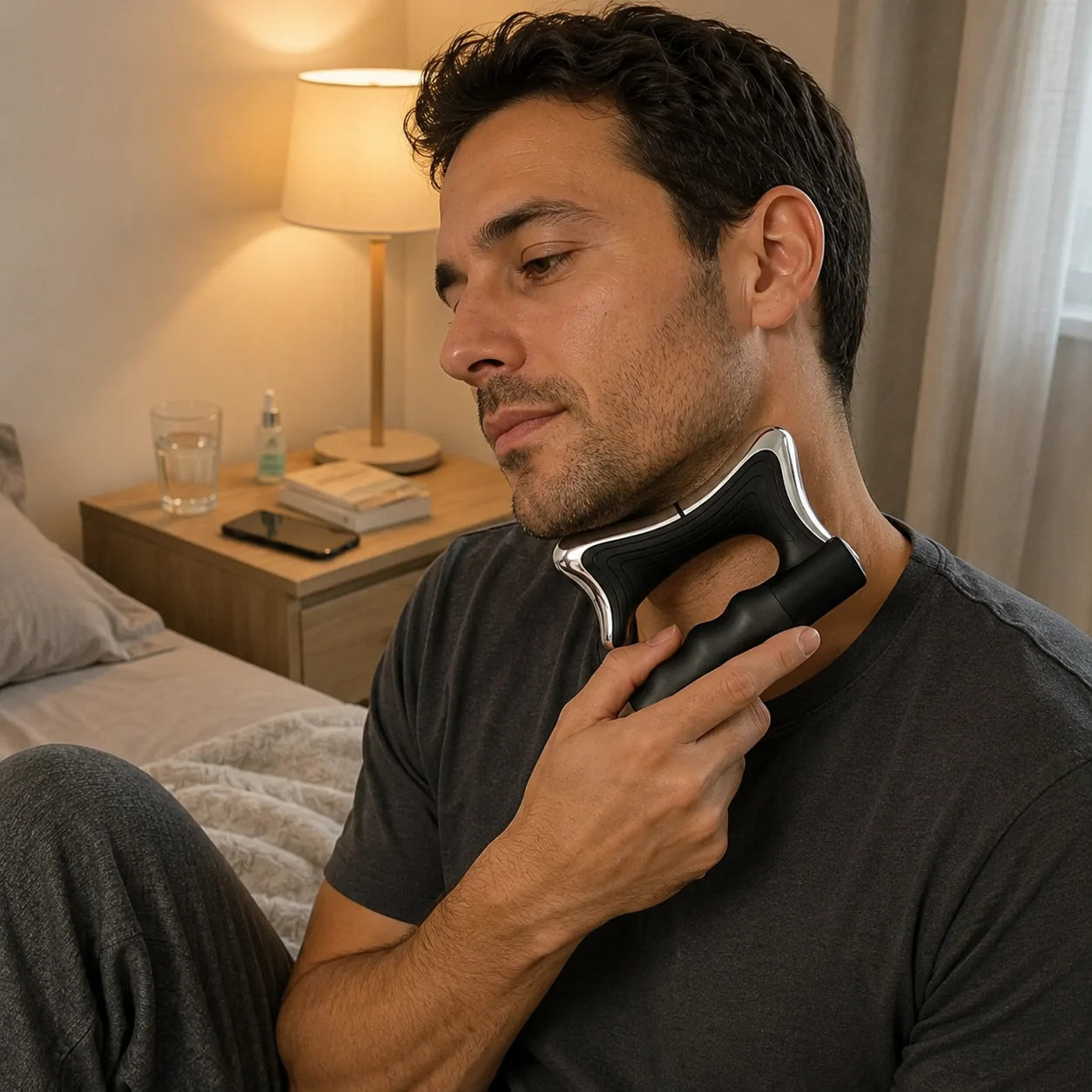 NIVAROQ Massagegerät bei der Anwendung an Hals und Kieferlinie für eine einfache, gezielte und vertrauensvolle Pflegeroutine zu Hause