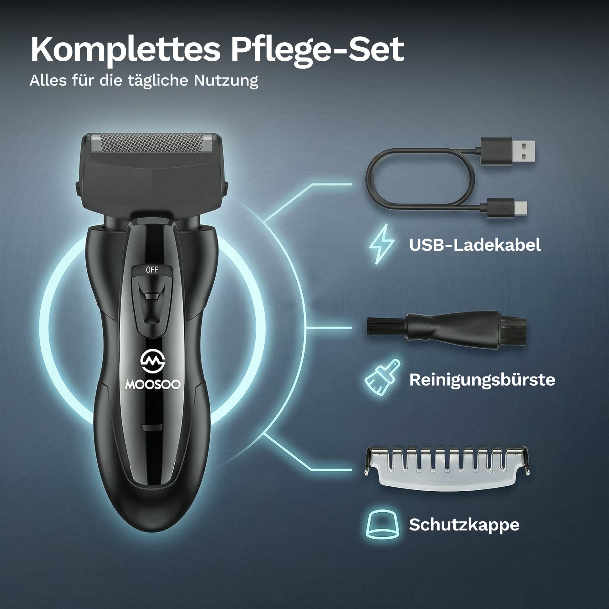 Elektrorasierer mit Zubehör: USB-Ladekabel, Reinigungsbürste und Schutzkappe