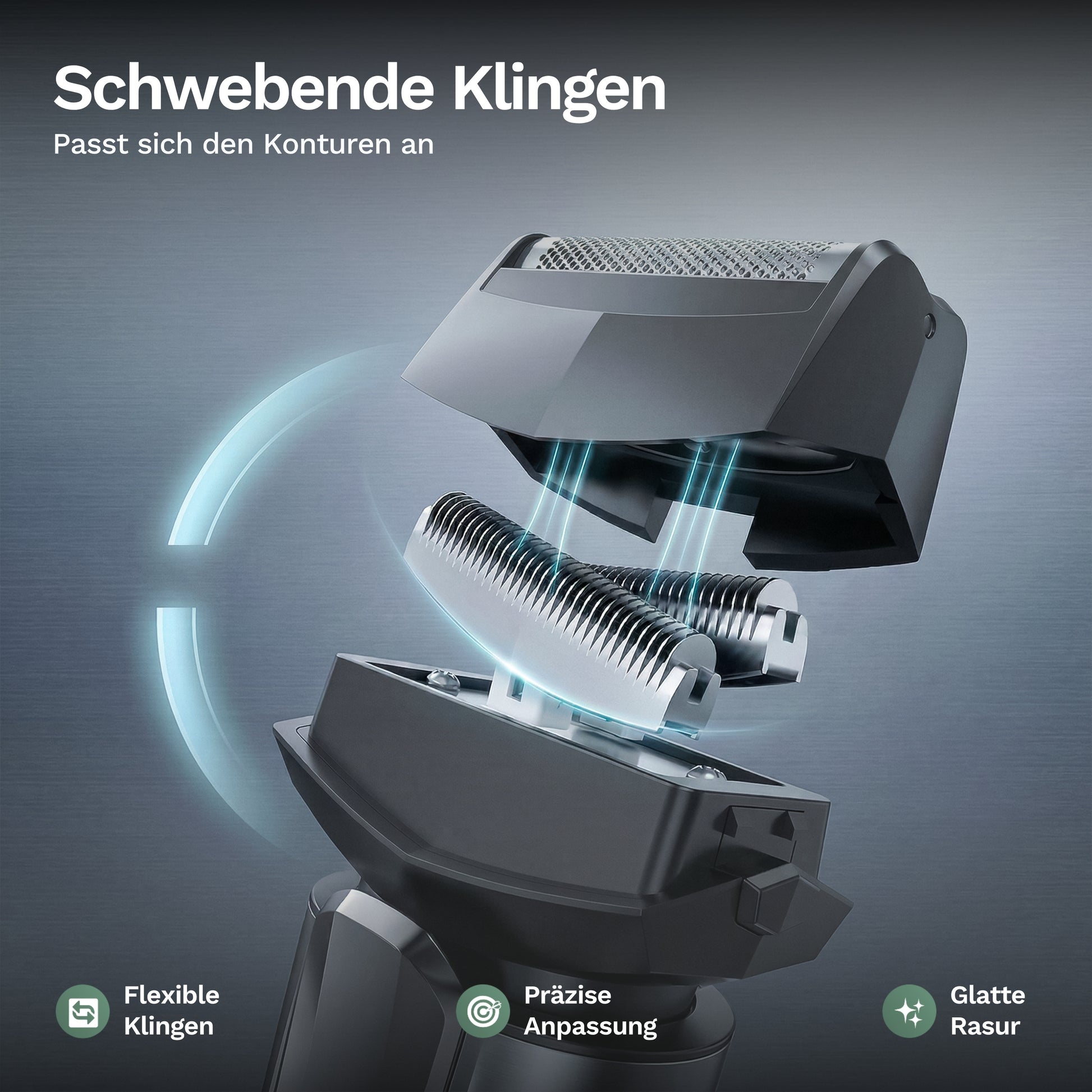Scherkopf mit schwebenden Klingen, flexible Anpassung am Elektrorasierer