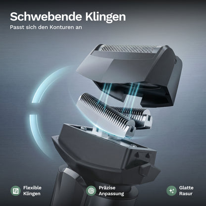 Scherkopf mit schwebenden Klingen, flexible Anpassung am Elektrorasierer
