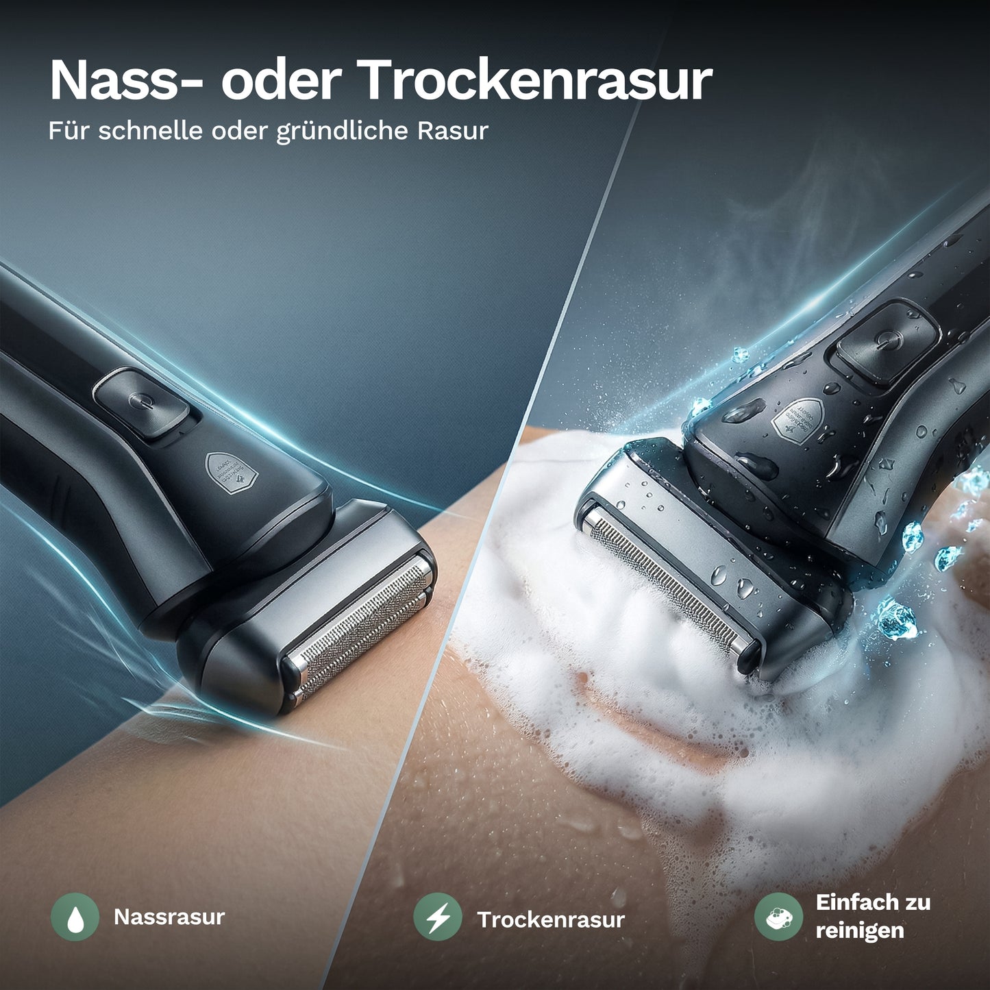 Elektrorasierer mit Scherkopf, links trocken, rechts mit Rasierschaum dargestellt