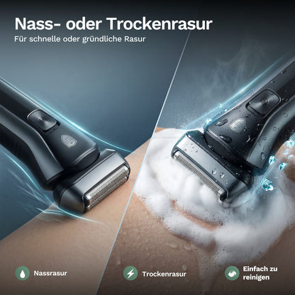 Elektrorasierer mit Scherkopf, links trocken, rechts mit Rasierschaum dargestellt