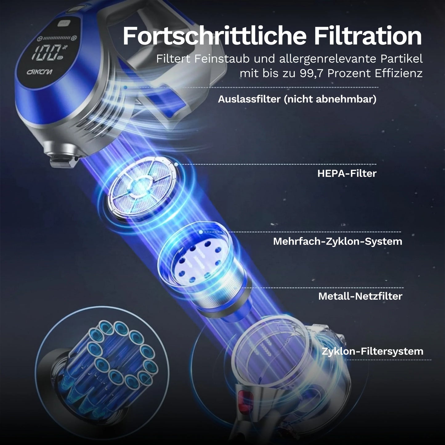 Akku-Staubsauger mit Filtrationseinheit im Zylinder, blaues Gehäuse