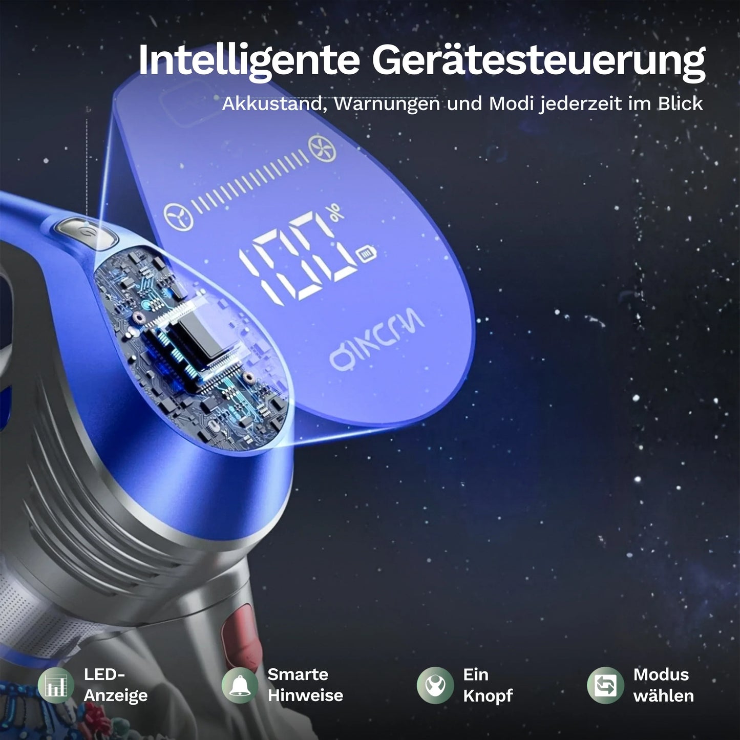 Akku-Staubsauger mit blauem Bedienfeld/Display und Steuermodul