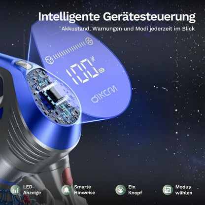 Akku-Staubsauger mit blauem Bedienfeld/Display und Steuermodul