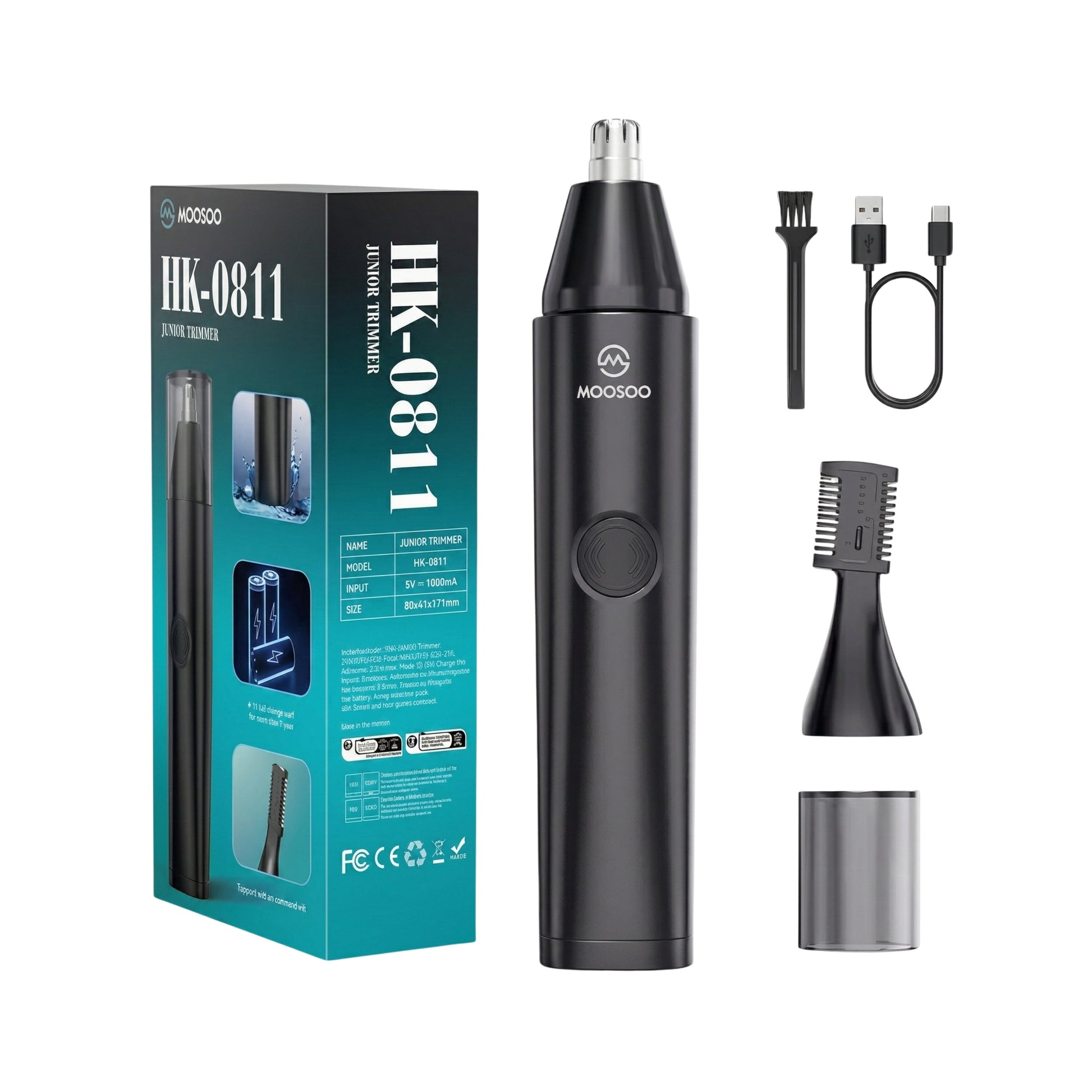 Moosoo Nasenhaartrimmer HK-0811 mit Zubehör: USB-Kabel, Reinigungspinsel und Aufsätzen