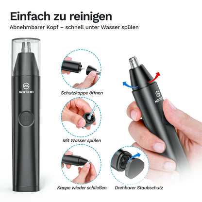 Nasenhaartrimmer mit abnehmbarem Kopf und drehbarem Staubschutz, zum Spülen