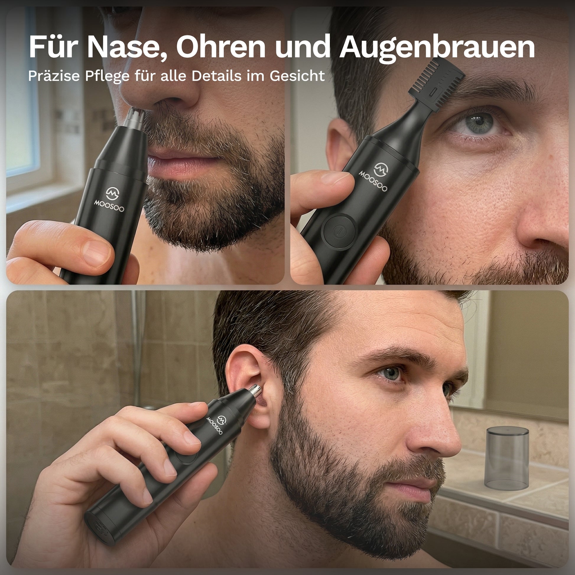 Nasenhaartrimmer im Einsatz am Gesicht: Bart, Ohr und Augenbrauen mit Aufsatz
