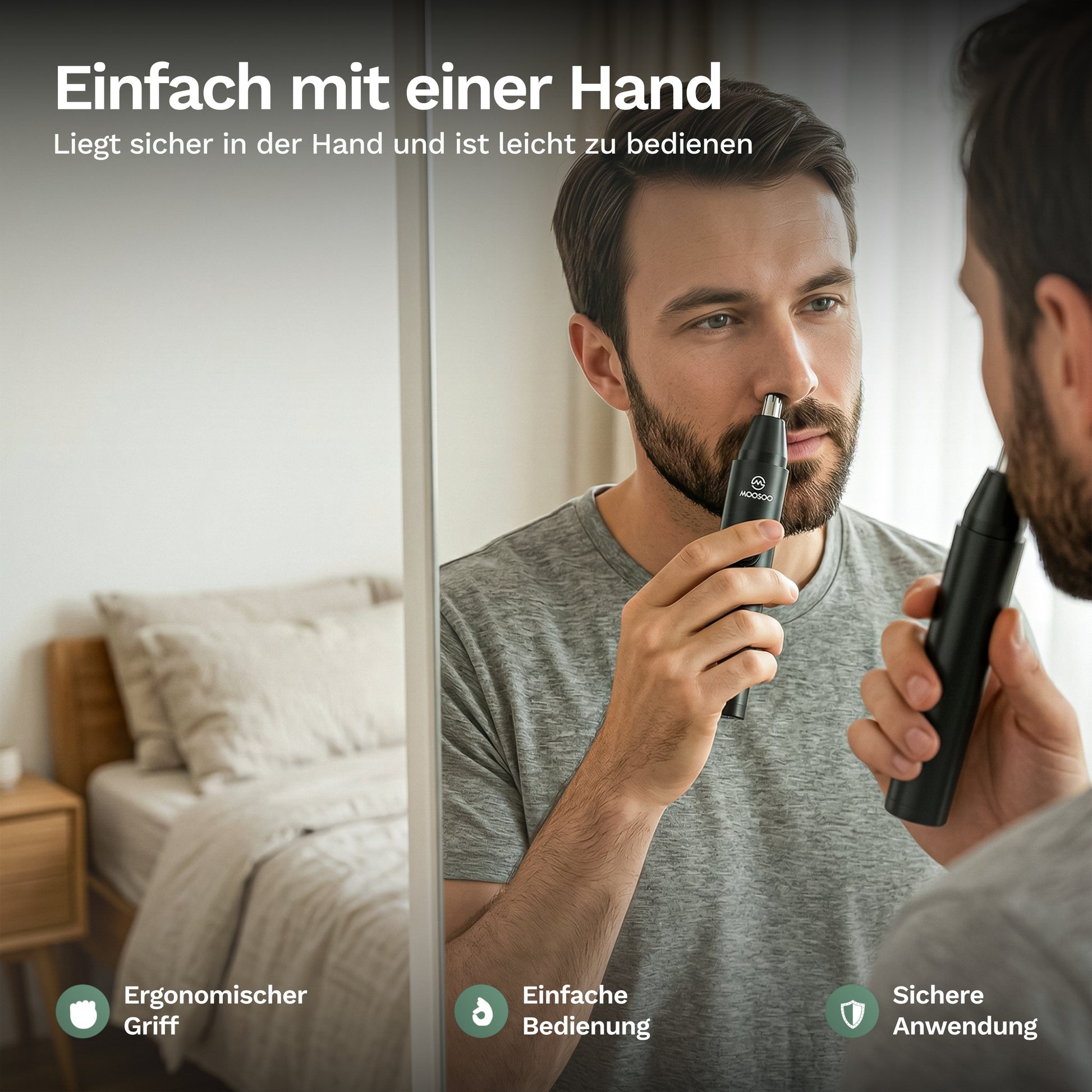 Handlicher Nasenhaartrimmer mit Anti-Rutsch-Griff und Bedientaste am schwarzen Gehäuse