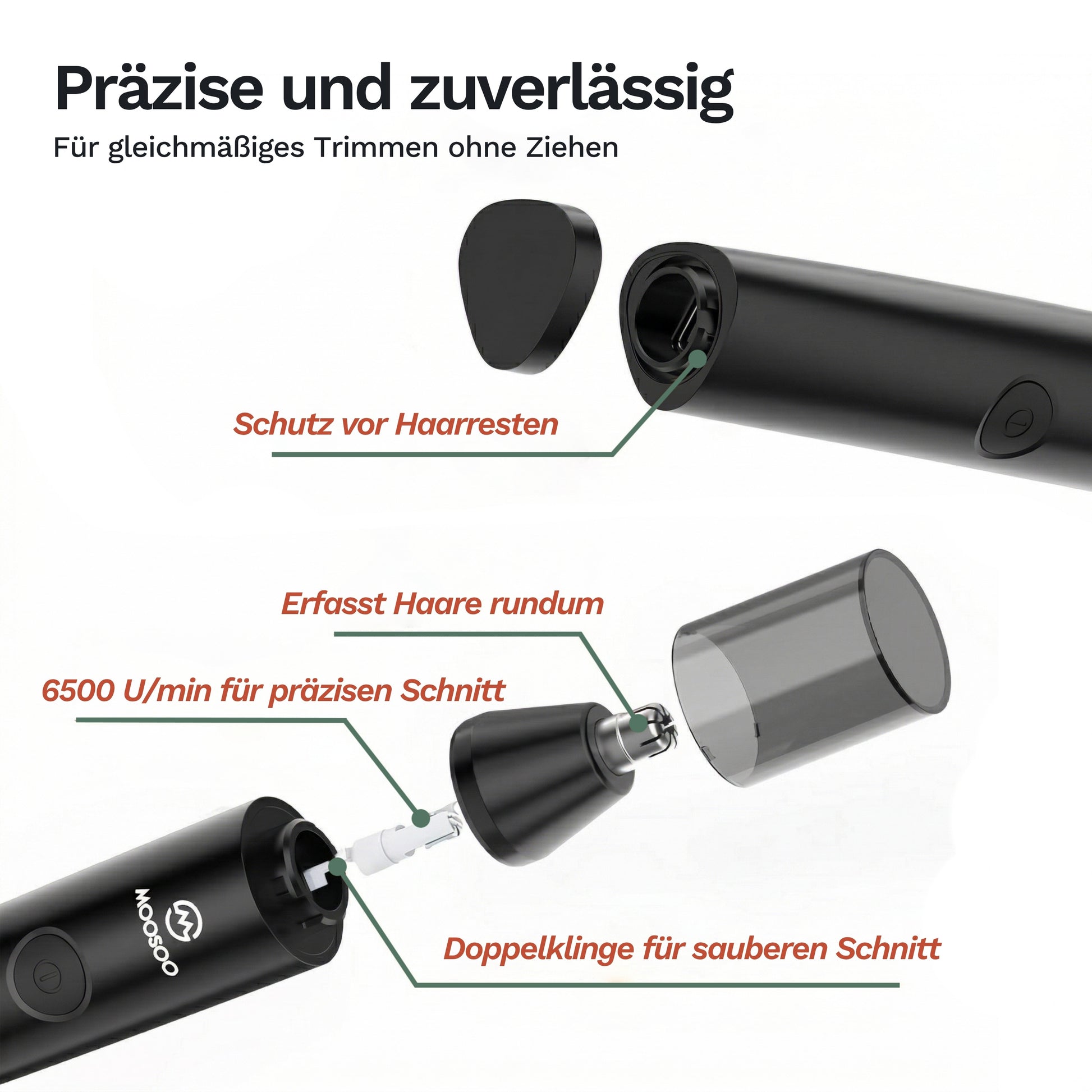 Nasenhaartrimmer mit Schutzkappe und Edelstahl-Schneidwerk im Gehäuse, schwarz