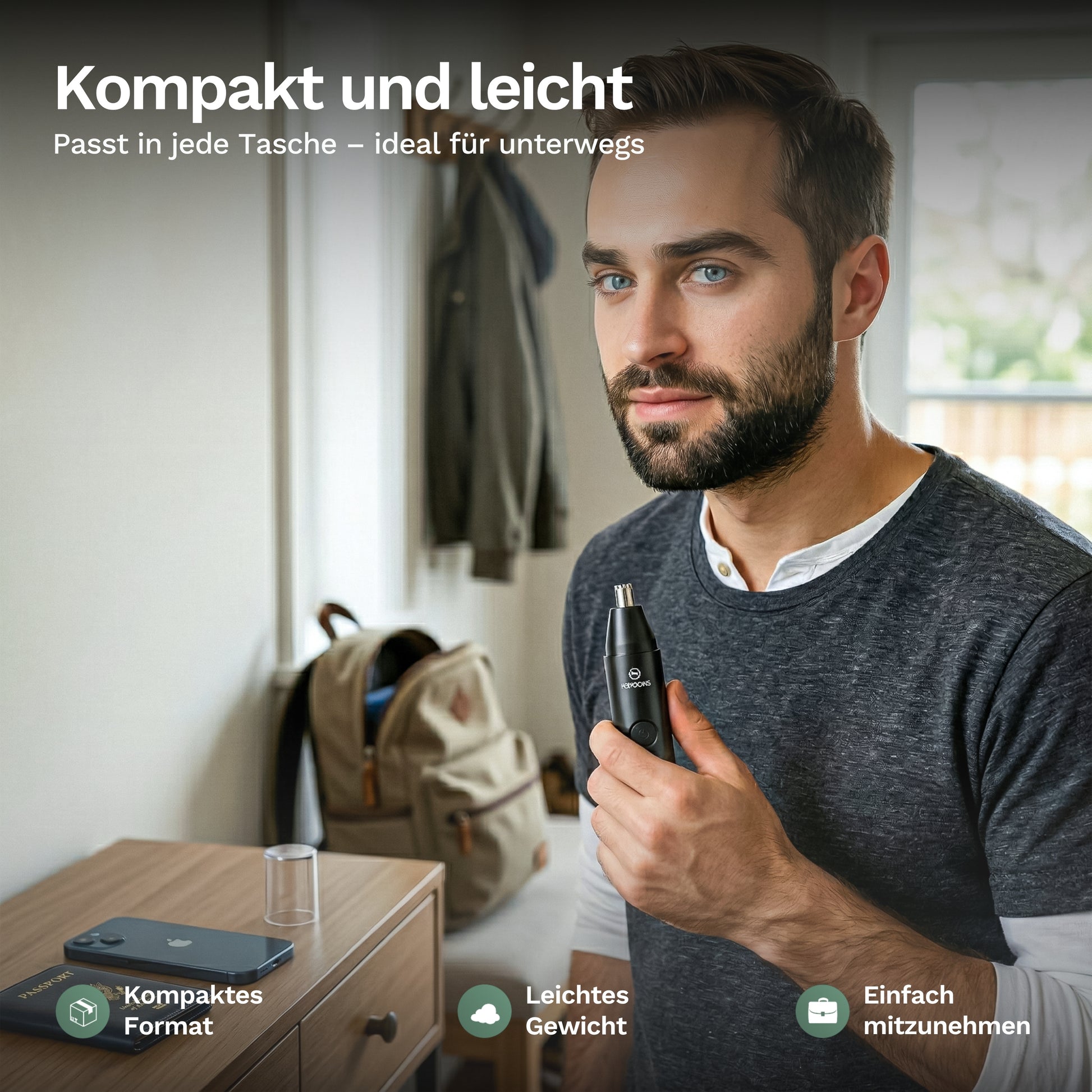Kompakter Nasenhaartrimmer mit Zubehör, schwarz; ideal unterwegs in der Hand