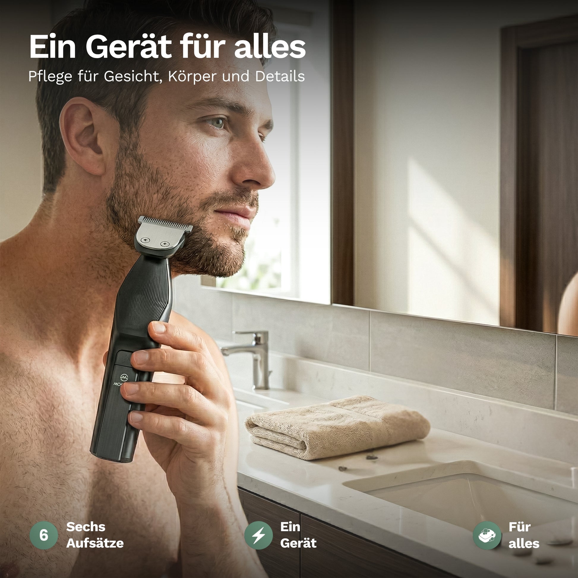 Barttrimmer RS1901 am Kinn eines Mannes, Trimmaufsatz montiert