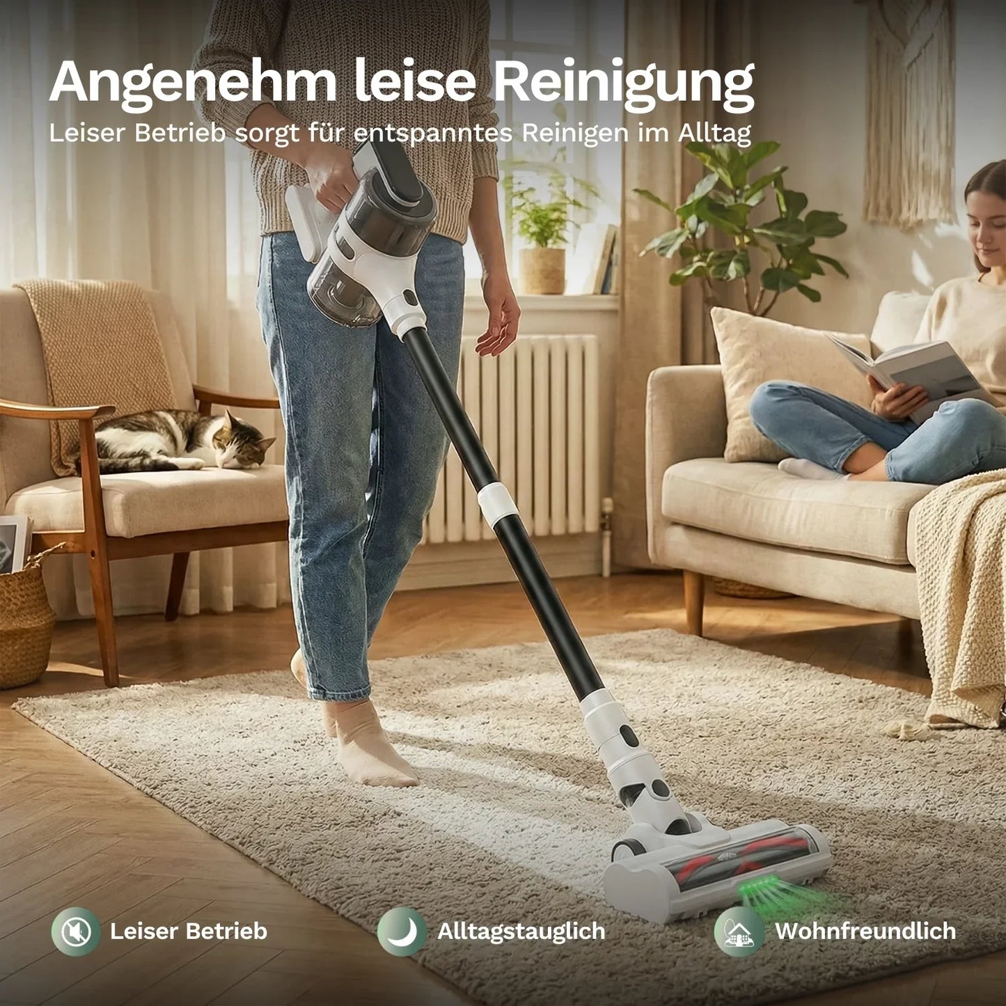 Akku-Staubsauger am Boden mit rot-schwarz akzentierter Bürstenwalze
