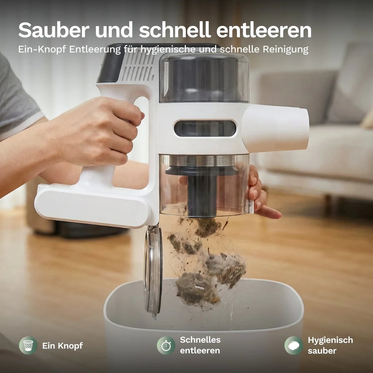 Entleerungsansicht: Akku-Staubsauger mit transparentem Behälter und Schmutz