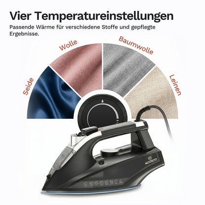 Dampfbügeleisen mit Temperaturanzeige und Stoffgrafik: Seide, Wolle, Leinen, Baumwolle