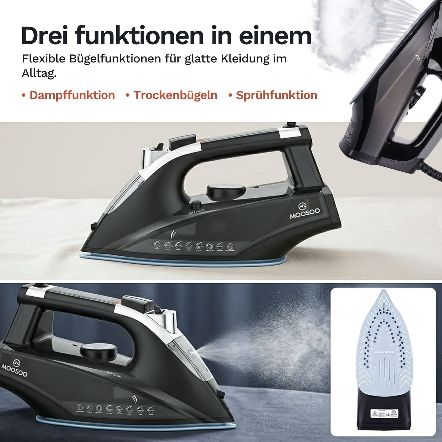 Dampfbügeleisen mit Dampfaustritt und Sprühfunktion, Frontansicht auf Bügelfläche