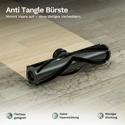 Anti-Tangle-Bürste mit schwarzer Walze am Bodensauger, Haare minimiert
