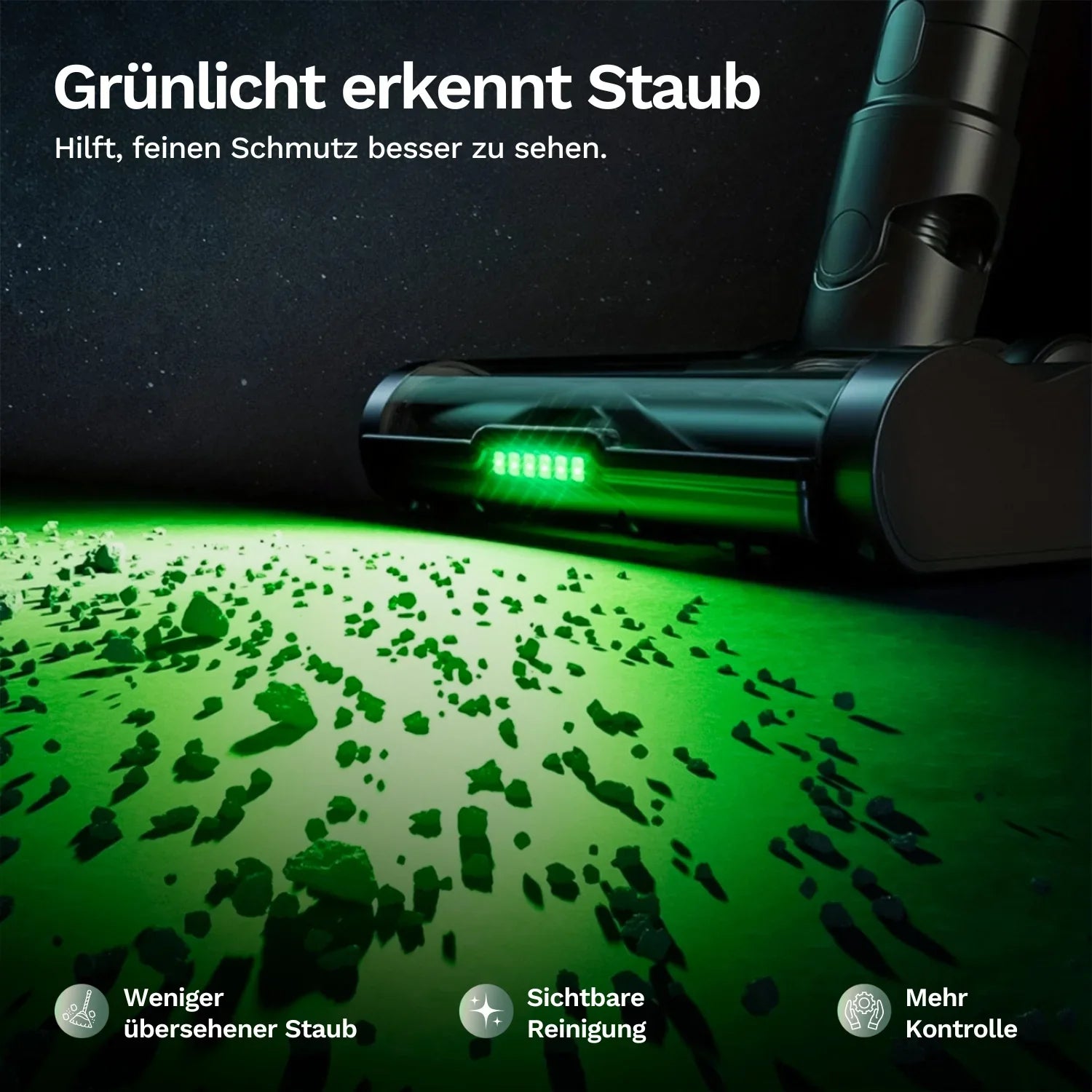 Bodendüse mit grünem Lichtstrahl am Akku-Staubsauger