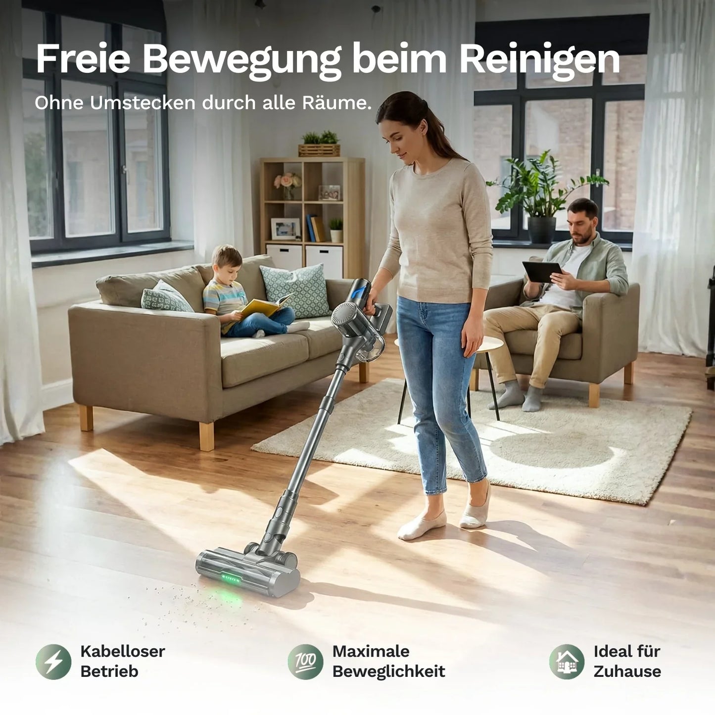 Kabelloser Akku-Staubsauger mit Bodendüse, freier Handbetrieb