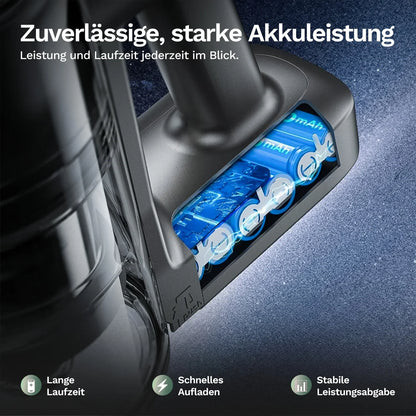 Geöffnetes Akkufach am Akku-Staubsauger mit blau markierten Akkuzellen