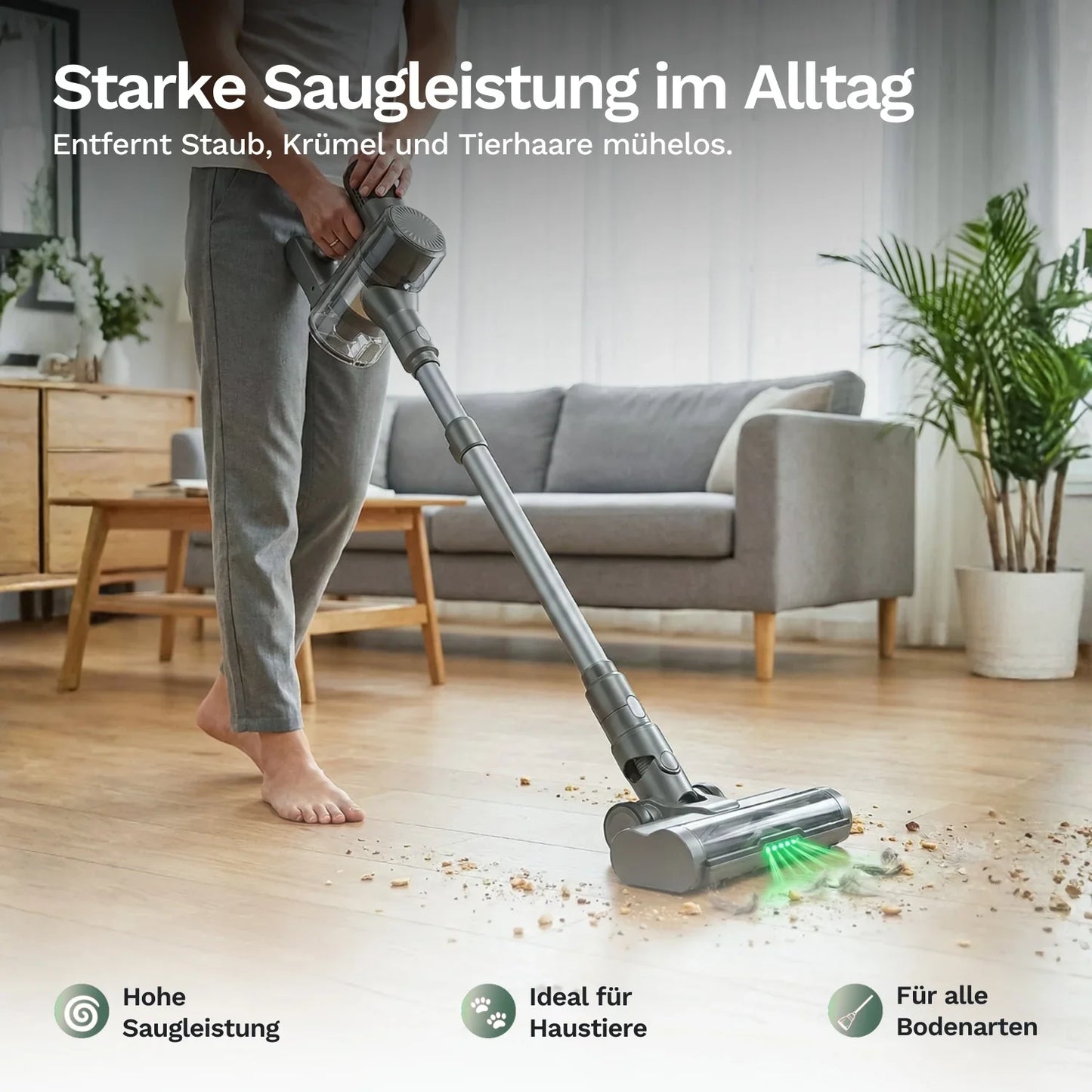 Akku-Staubsauger mit Bodendüse und langem Saugrohr, im Einsatz