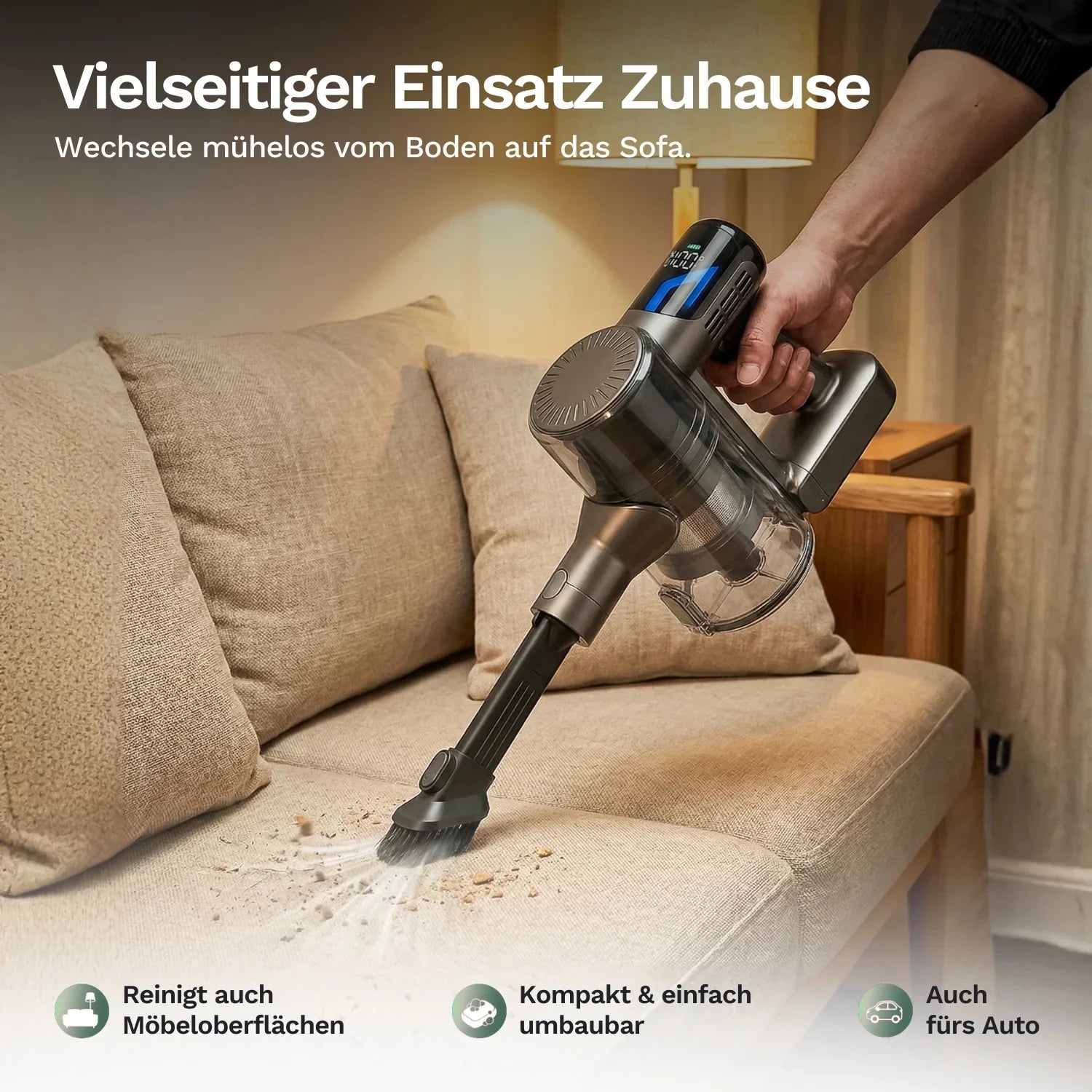 Zubehör-Aufsatz am Akku-Staubsauger zur Reinigung von Polstern