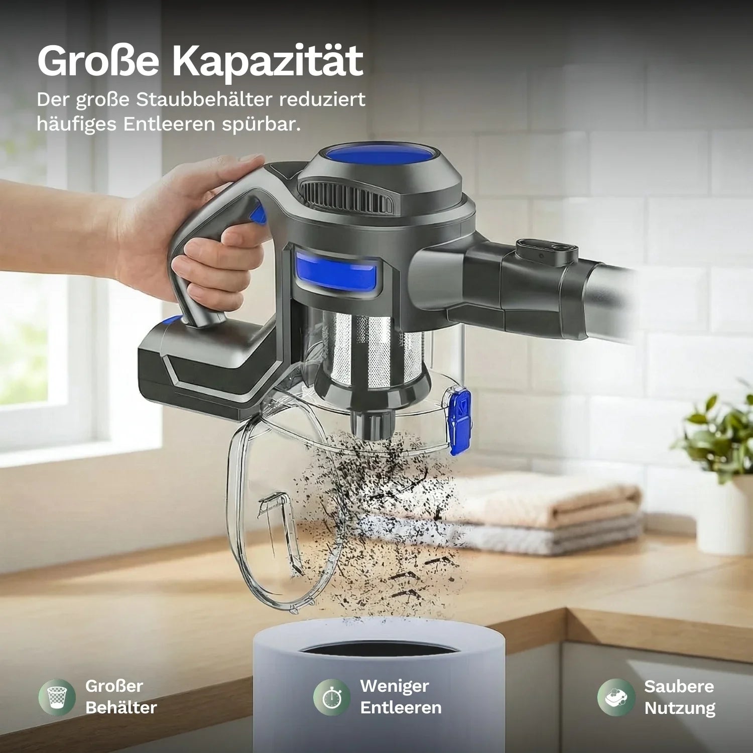 Akku-Staubsauger XL-618A: Staubbehälter oben, Hand greift Griff, blaues Modul