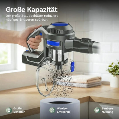 Akku-Staubsauger XL-618A: Staubbehälter oben, Hand greift Griff, blaues Modul