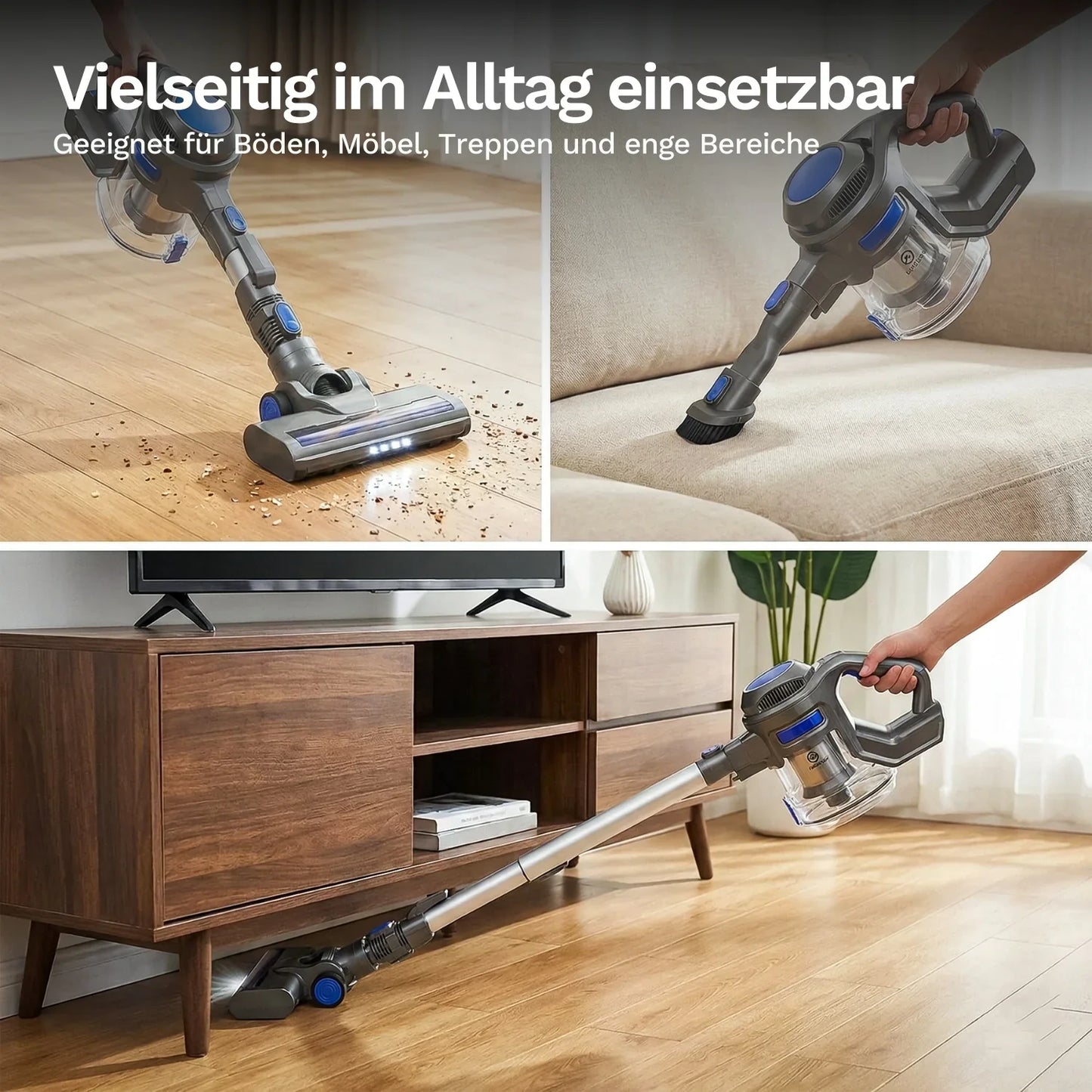 Akku-Staubsauger XL-618A im Einsatz an Polster, Düse am Sofa, silberner Stiel