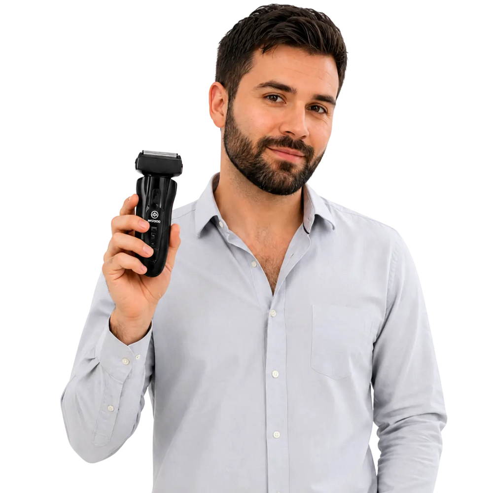 Mann hält den MOOSOO RS726 Elektrorasierer für eine gepflegte tägliche Rasur und saubere Bartkonturen in der Hand